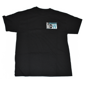 Dirty Whooore Men's Black T with DW Square Teal & White Logo