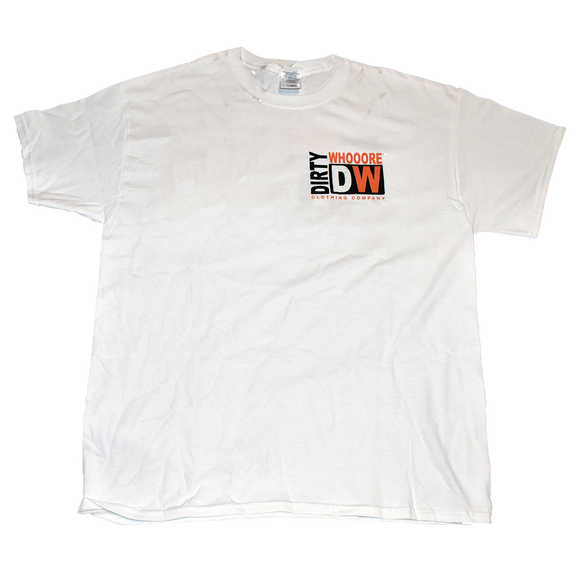 Dirty Whooore Men's White T with DW Square Black & Orange Logo