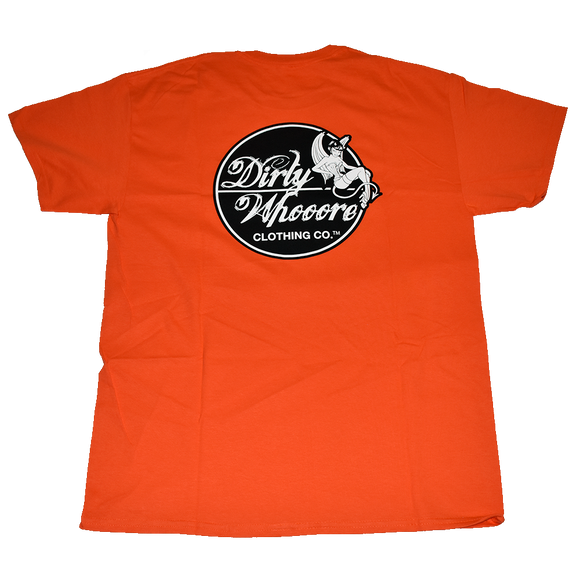 Dirty Whoore Men's Orange T with She Devil Black logo