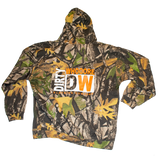 Dirty Whooore Men's Camo Hoodie with DW Square logo & Hockey laces Orange & White