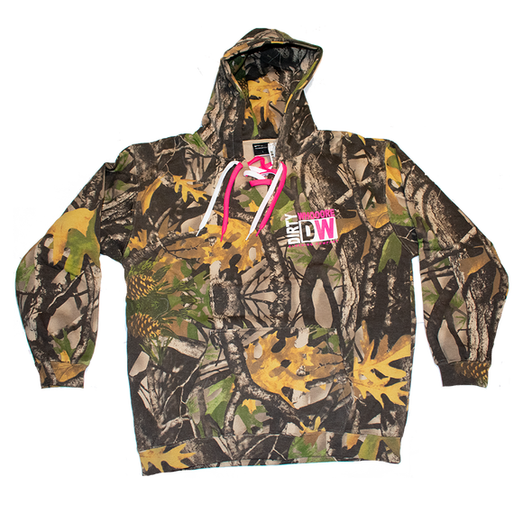 Dirty Whooore Men's Camo Hoodie with DW Square logo & Hockey laces Pink & White