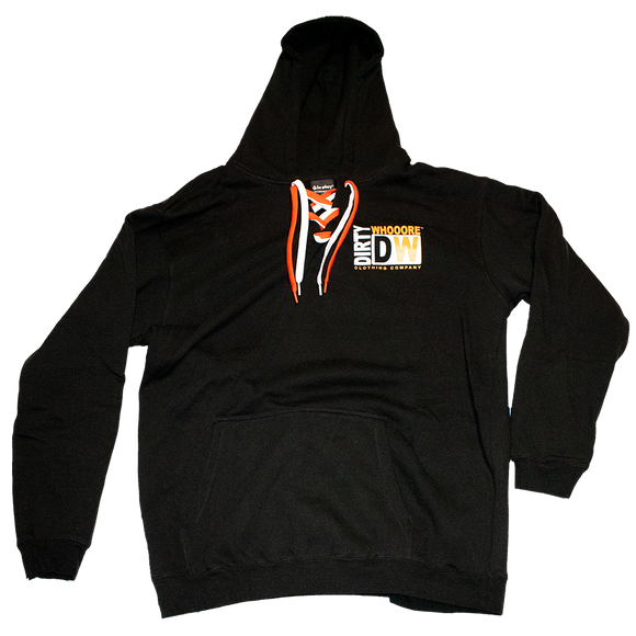 Dirty Whooore Men's Black Hoodie with DW Square logo & Hockey laces Orange & White