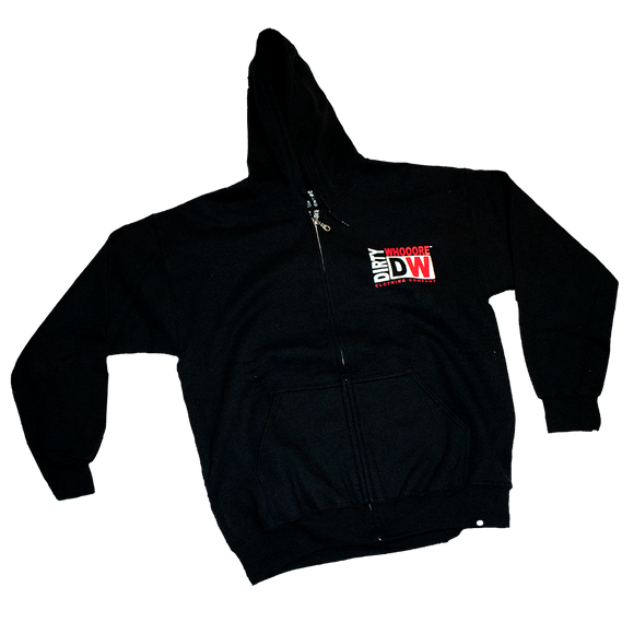 Dirty Whooore Men's Black Full Zip Hoodie with DW Square logo Red & White