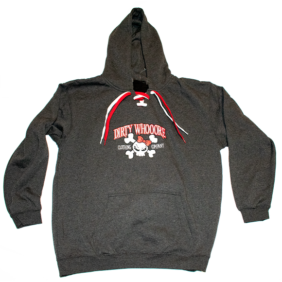 Dirty Whooore Ladies Gray Hoodie with Red Skull Logo