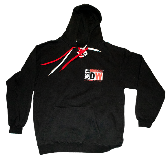 Dirty Whooore Men's Black Hoodie with DW Square logo & Hockey laces Red & White