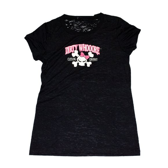 Dirty Whooore Ladies Black Short Sleeve T with Pink Skull Logo