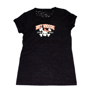 Dirty Whooore Ladies Black Short Sleeve T with Orange Skull Logo