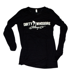 Dirty Whooore Ladies Black Long Sleeve T with White Standing Lady Logo