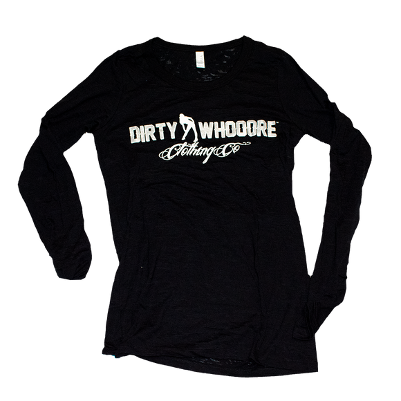 Dirty Whooore Ladies Black Long Sleeve T with White Standing Lady Logo