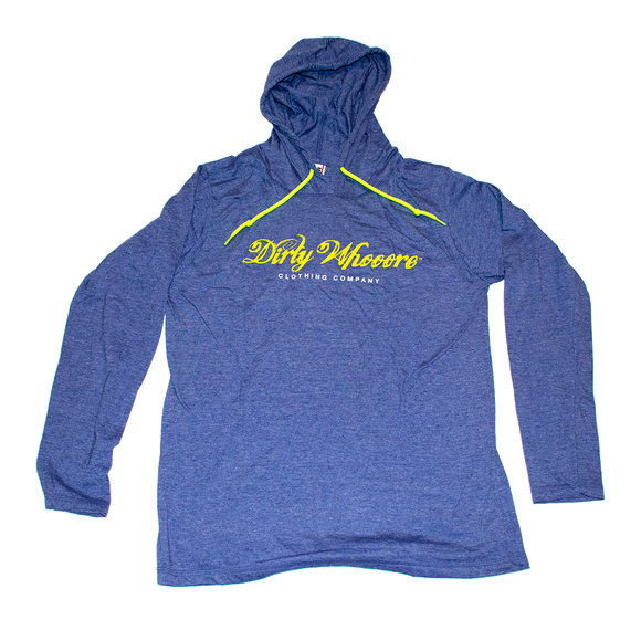 Dirty Whooore Ladies Blue Hooded Long Sleeve T with White and Yellow Logo
