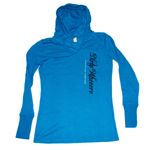 Dirty Whooore Ladies Blue Paisley Hooded Long Sleeve T with Black and White Logo
