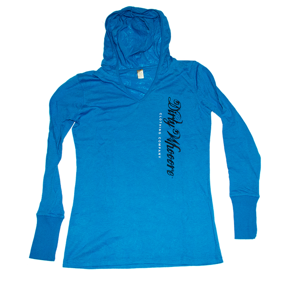 Dirty Whooore Ladies Blue Paisley Hooded Long Sleeve T with Black and White Logo
