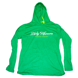 Dirty Whooore Ladies Green Hooded Long Sleeve T with Yellow and White Logo