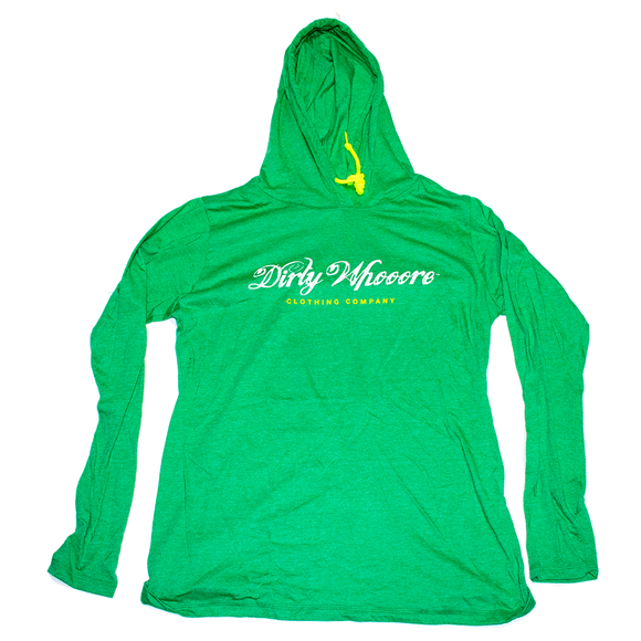Dirty Whooore Ladies Green Hooded Long Sleeve T with Yellow and White Logo