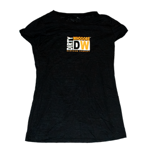 Dirty Whooore Ladies Black Short Sleeve T with Orange & White Square DW Logo
