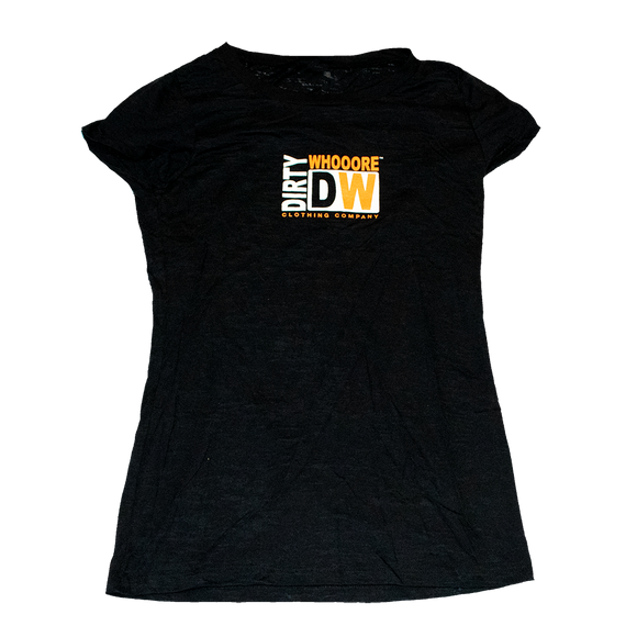 Dirty Whooore Ladies Black Short Sleeve T with Orange & White Square DW Logo