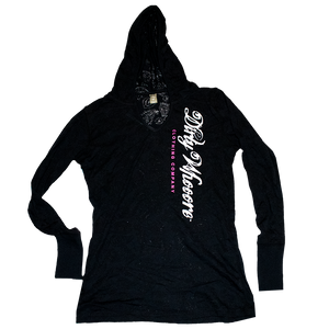 Dirty Whooore Ladies Black Paisley Hooded Long Sleeve T with Black and Pink Logo