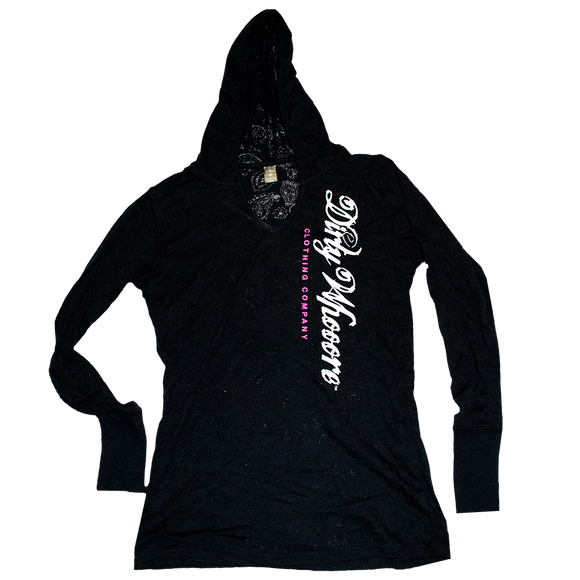 Dirty Whooore Ladies Black Paisley Hooded Long Sleeve T with Black and Pink Logo