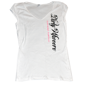 Dirty Whooore Ladies White Short Sleeve T with Vertical Logo