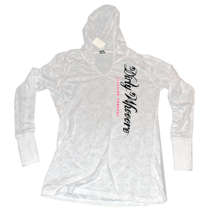 Dirty Whooore Ladies White Paisley Hooded Long Sleeve T with Black and Pink Logo