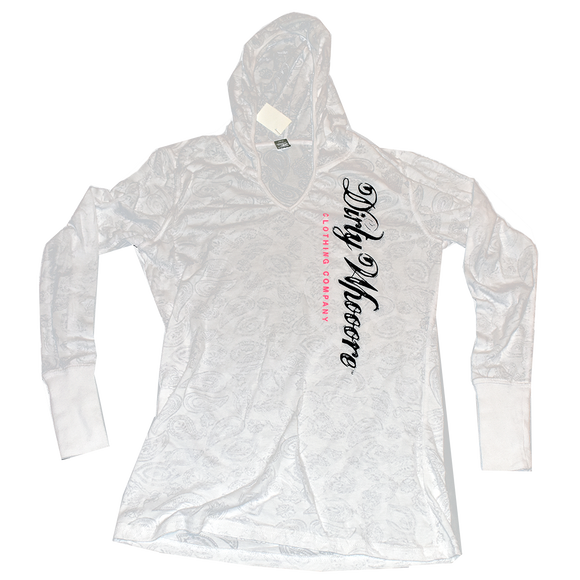 Dirty Whooore Ladies White Paisley Hooded Long Sleeve T with Black and Pink Logo