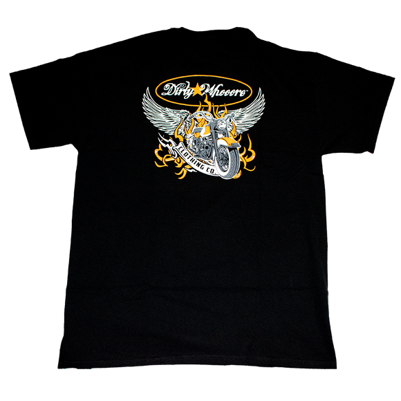 Dirty Whooore Men's Black T with Winged Motorcycle Orange & White Logo