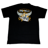 Dirty Whooore Men's Black T with Winged Motorcycle Orange & White Logo