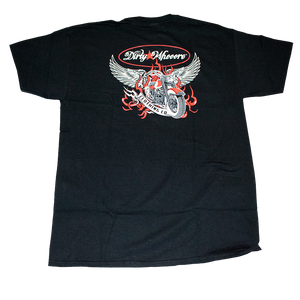 Dirty Whooore Men's Black T with Winged Motorcycle Red & White Logo