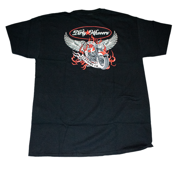 Dirty Whooore Men's Black T with Winged Motorcycle Red & White Logo