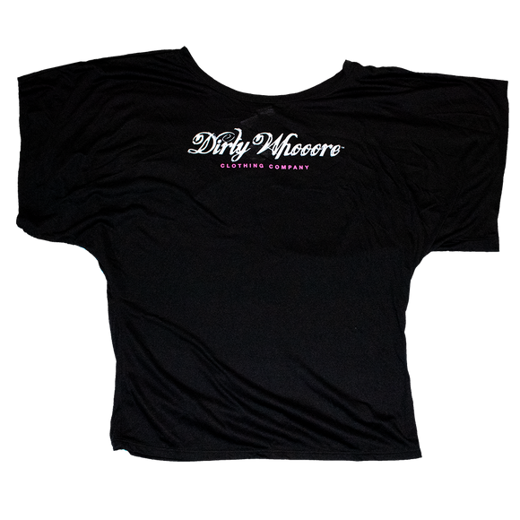Dirty Whooore Ladies Black Short Sleeve Baggy T with White and Pink Logo