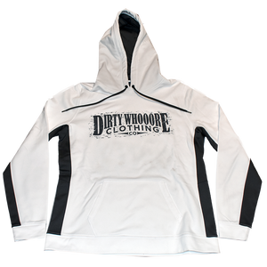 Dirty Whooore Ladies White Hoodie with Black Trim and Black Logo