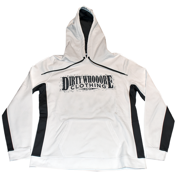 Dirty Whooore Ladies White Hoodie with Black Trim and Black Logo