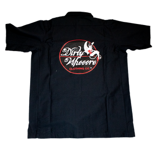 Dirty Whooore Men's Black Wrangler Work Shirt with She Devil Logo Red & White