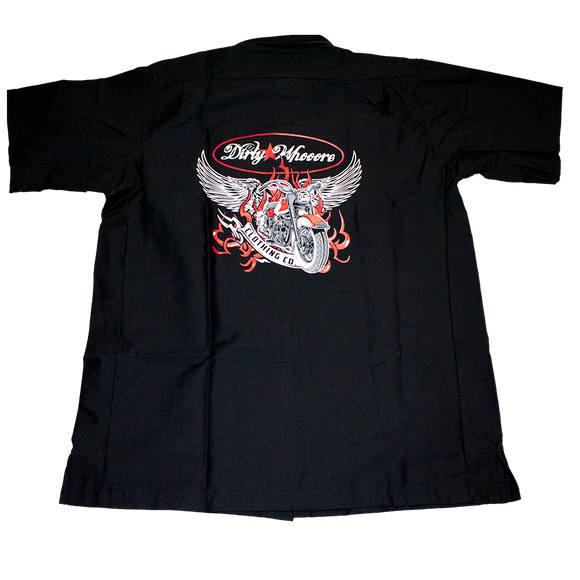 Dirty Whooore Men's Black Wrangler Work Shirt with Winged Motorcycle Logo Red & White