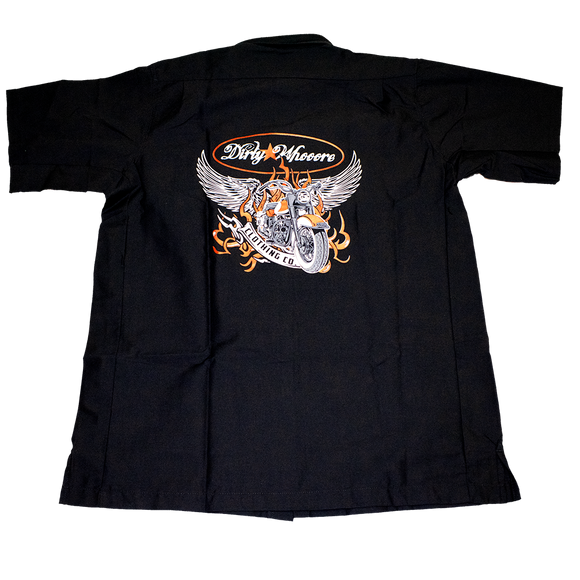 Dirty Whooore Men's Black Wrangler Work Shirt with Winged Motorcycle Logo Orange & White